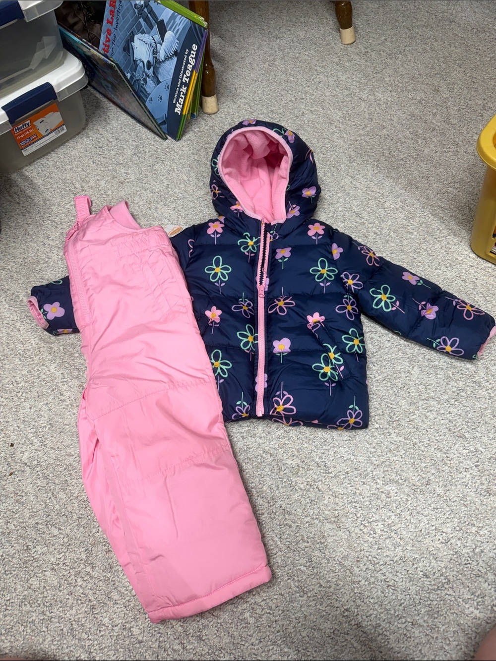 jumping beans Navy Floral Puffer Jacket with Pink Snow Bib Overalls